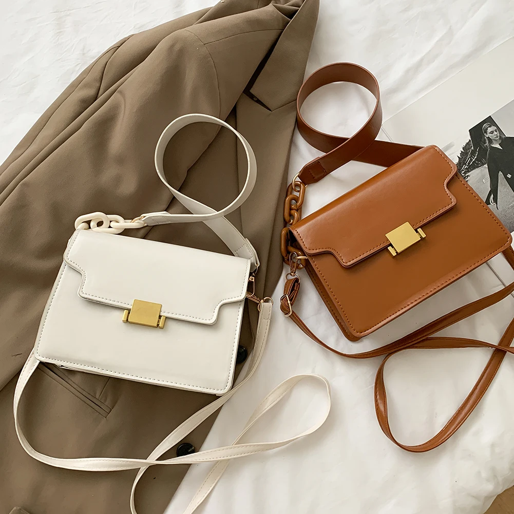 

Popular Simple Female Daily Bag Fashion Women Messenger Purse Solid PU Leather Street Commuter Chain Handbags