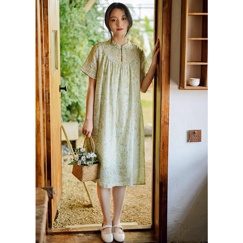 

Летние пляжные платья в стиле ретро, элегантные цветочные свободные хлопковые льняные винтажное с коротким рукавом, модная трендовая женск...