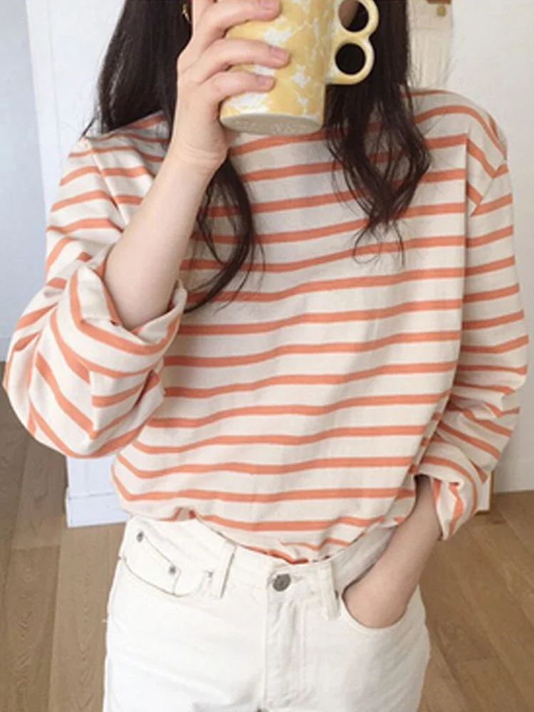 

QWEEK Korean Stripped T-shirts Women Kpop Harajuku Casual Long Sleeve Tees 2022 Spring Autumn Fashion Streetwear O-neck