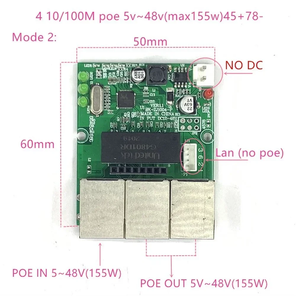 Обратный источник питания POE-переключатель POE IN/OUT5V/12V/24V/48V 45W/3=15 4W 100mbps 802.3AT 45+78-DC5V~48V