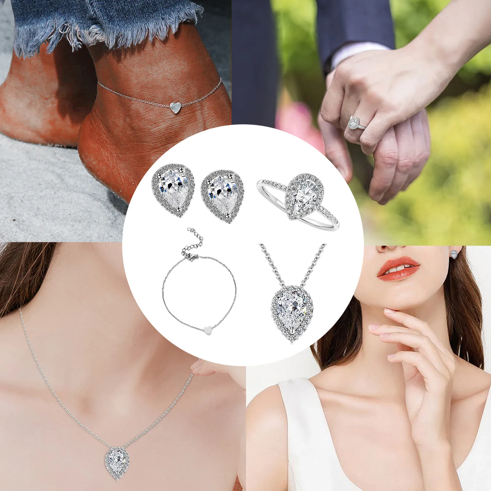 

Teardrop Diamond Necklace Ring Teardrop Earrings Women's Beating Flare Heart Anklet Diamond Pendant Rings for Women