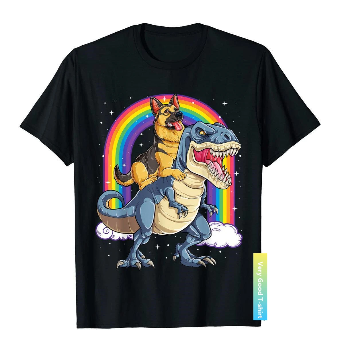 

German Shepherd Riding Dinosaur T Rex Gift Boys Kids Rainbow T-Shirt Cotton Design Tops T Shirt Faddish Mens T Shirts