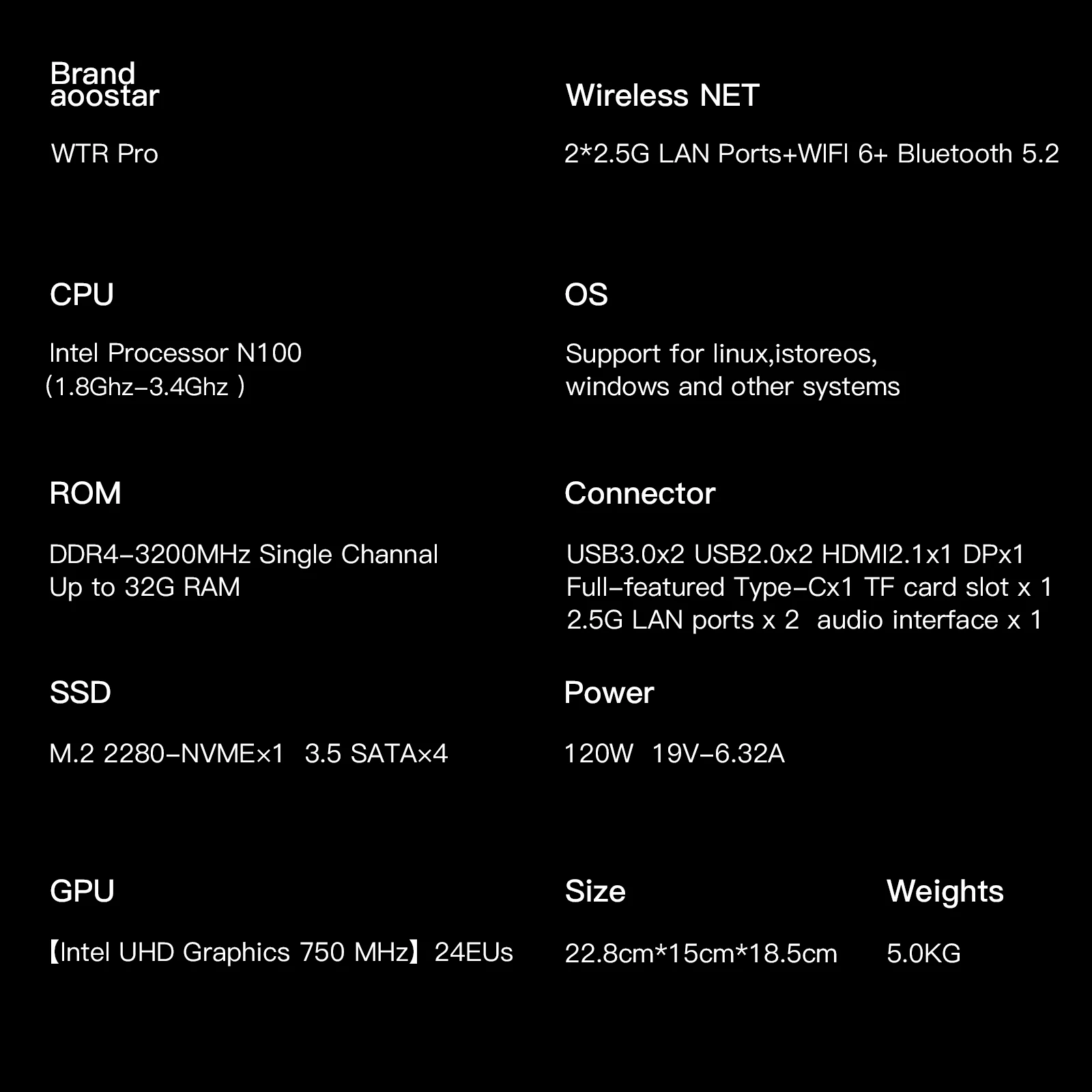 AOOSTAR 4 Bay Nas WTR PRO Mini PC Intel N100 4C/4T до 3 40 ГГц Поддержка 2 5/3 5 ''HDD * NVME SSD 1.