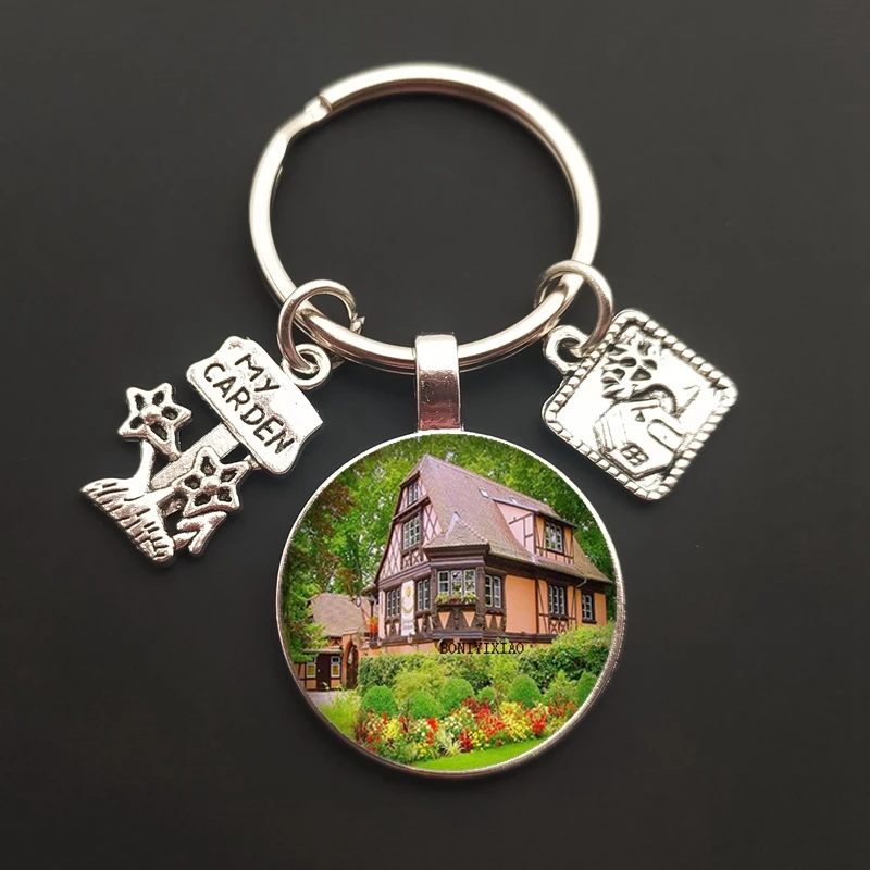 Новый брелок для ключей цветочного дома в стиле садового искусства, рисунок на стекле, цепочка для сумки, оберег для ювелирных изделий в подарок.