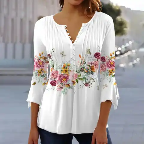 Women Spring Blouse And Tops 2023 Flower Print V Neck Half Single-breasted Slim Tight Waist Hem Lady Summer Shirt Women Garment