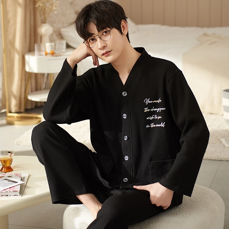 Soft Cotton Men's Pajamas Set Mens Lounge Wear Autumn Winter Men Nightwear Large Size Man Casual Black V-neck Cardigan Sleepwear