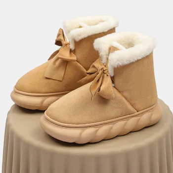 Leather Short Fashion Bow Snow Boots For Women Ladies Fur Lining Winter Warm Bootie Slippers Fur Lined Slip on Outdoor Shoes 1