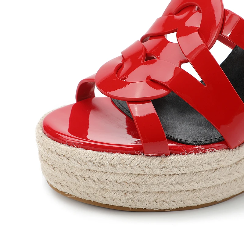 2023 Summer Ultrahigh Heel Women's Slippers Lacquer Leather Hemp Sandals Fashion Open Toe Shoes Outdoor High Heel Slippers34-43