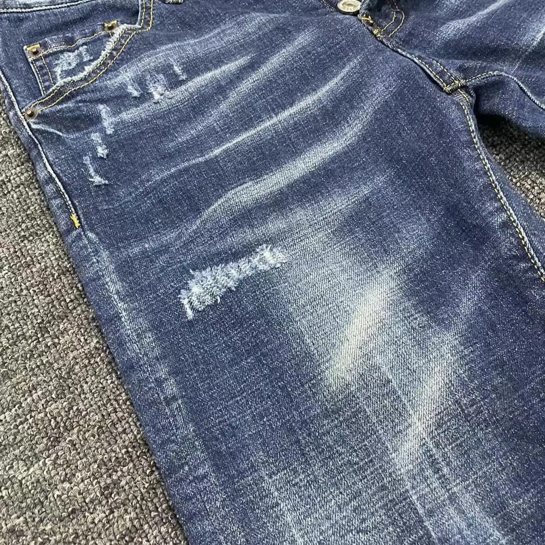 2023 autumn new jeans for men D2 jeans water wash leisure micro elastic slim fit small foot hot drill worn hole patch