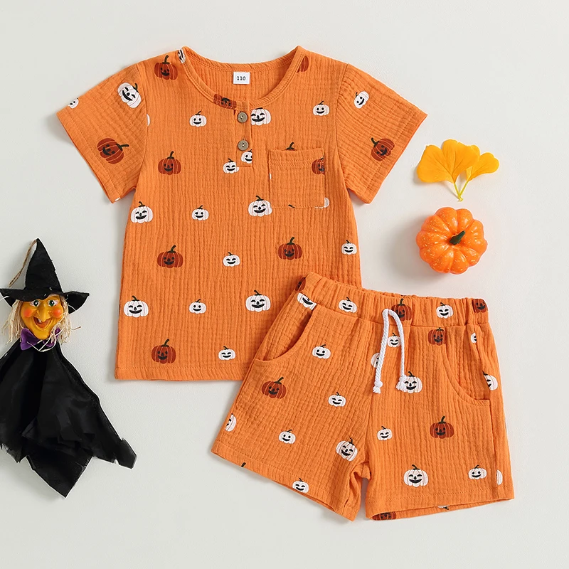 

EWODOS Kids Boys Girls Unisex Halloween Outfit Shorts Set Cute Pumpkin Print Short Sleeve Front Pocket Lapel Tops+ Shorts Set