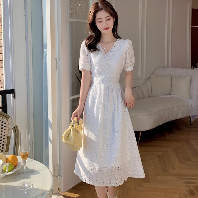 

Summer Short Sleeve Casual Beach Dress 2022 Elegant Bodycon Party Vestido Women White Jacquard Hollow Out Lace V-Neck Midi Dress