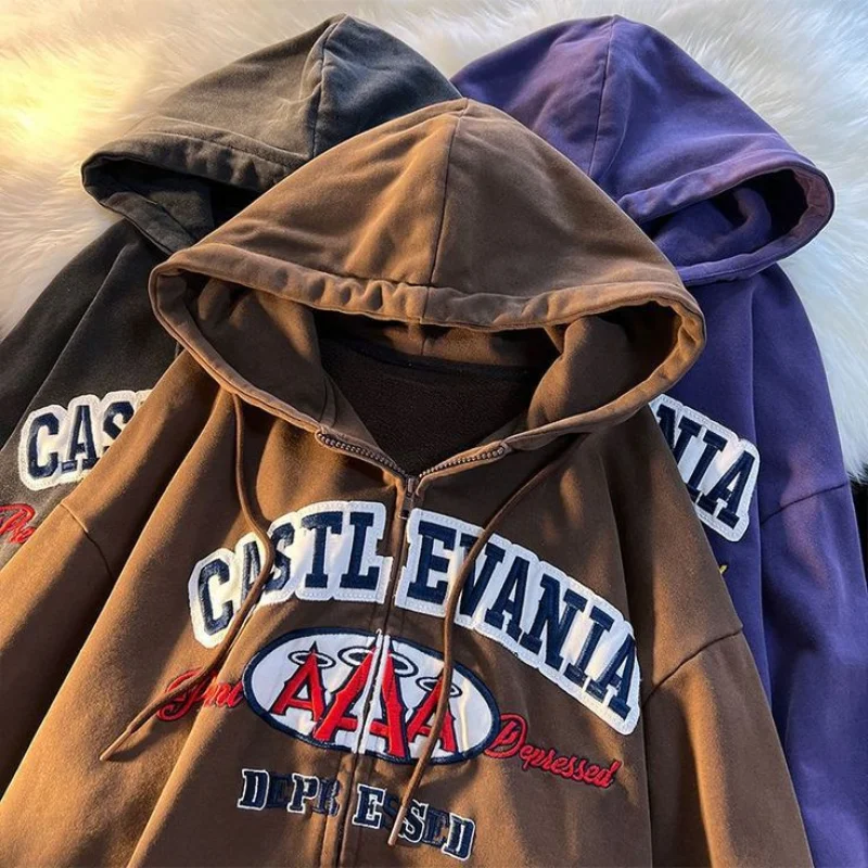 

Y2K Embroidered Letter Print Vintage Men's Zipper Hoodie High Street Fashion Punk Clothing Cotton Casual Women's Sweatshirt