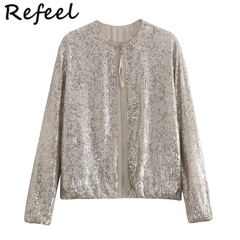 

Куртка-бомбер Refeel женская с блестками, модный Свободный пиджак на молнии, с длинным рукавом, тонкая верхняя одежда, лето 2023