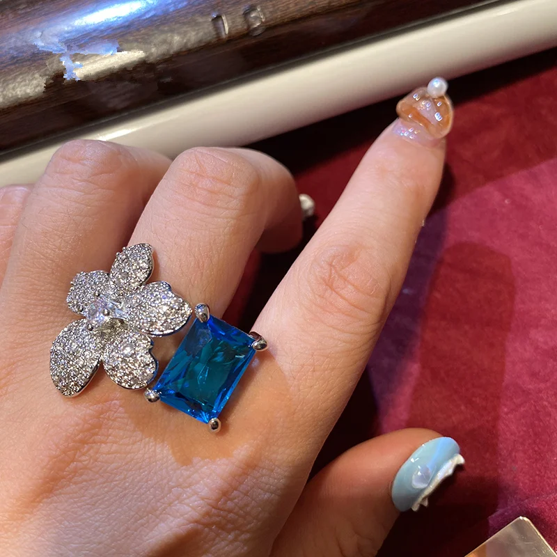 

Роскошные кольца регулируемого размера для женщин темно-синее прямоугольное кольцо из циркония обручальное свадебное кольцо для выпусквечерние вечера подарки на день Святого Валентина