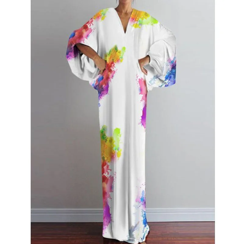 Женское платье-макси в горошек с V-образным вырезом и длинным рукавом