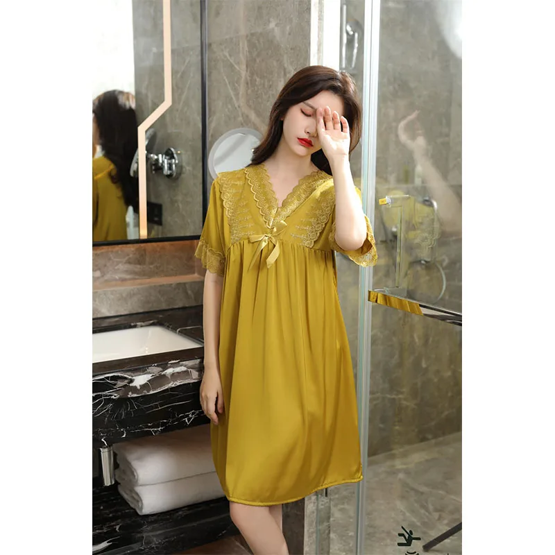 YFTNH Sleep Shirts for Women Silk Nightdress Bow Lace V-neck Short Sleeve Sleepwear Dresses Solid Plain Loose Homewear Nighties