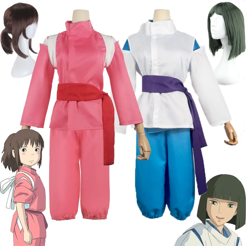 

Halloween Costume Anime Spirited Away Cosplay Suits Takino Chihiro Show Cosplay Costume Kamikakushi Girls Pink Kimono Sets Wig
