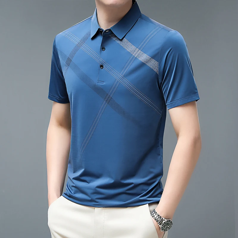 

CASUMANL New Arrival T Shirts for Men Fashion Turn-Down Collar Striped Print Men T Shirt 2023 Summer Short Sleeve Men Tshirts