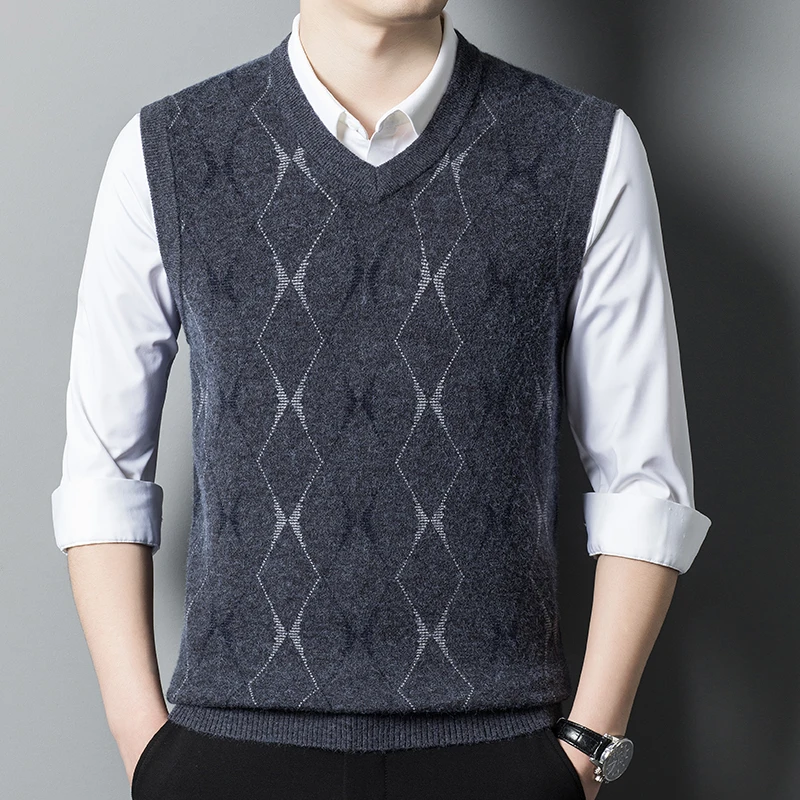 

Argyle Casual V-Neck Sleeveless Vest Men Clothes 2023 Autumn Winter New Arrival Knitted Wool Sweater Vest
