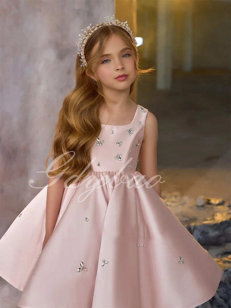 Блестящее небесно-голубое атласное платье с цветочным узором для девочек на