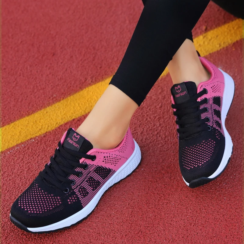 Women Casual Shoes Breathable Walking Mesh Lace Up Shoes Pink Black White tenis zapatillas de mujer Women's Vulcanized Shoes