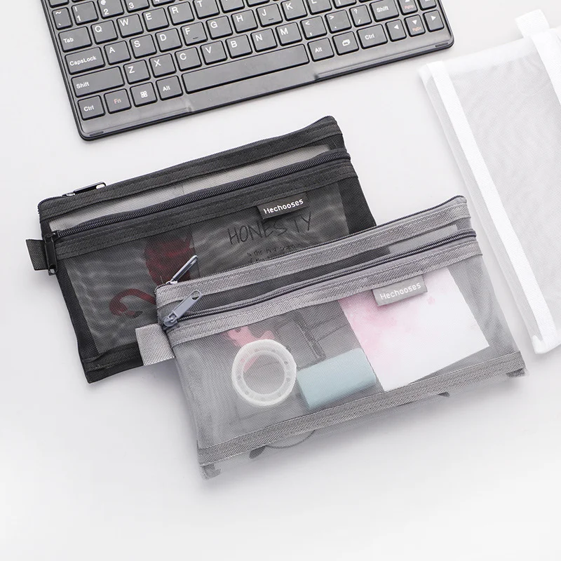 

Simple Transparent Pencil Bag Stationery Holder Large Capaity Pen Case Double-Layer Mesh Bag Zipper Pencil Pouch School Supplies