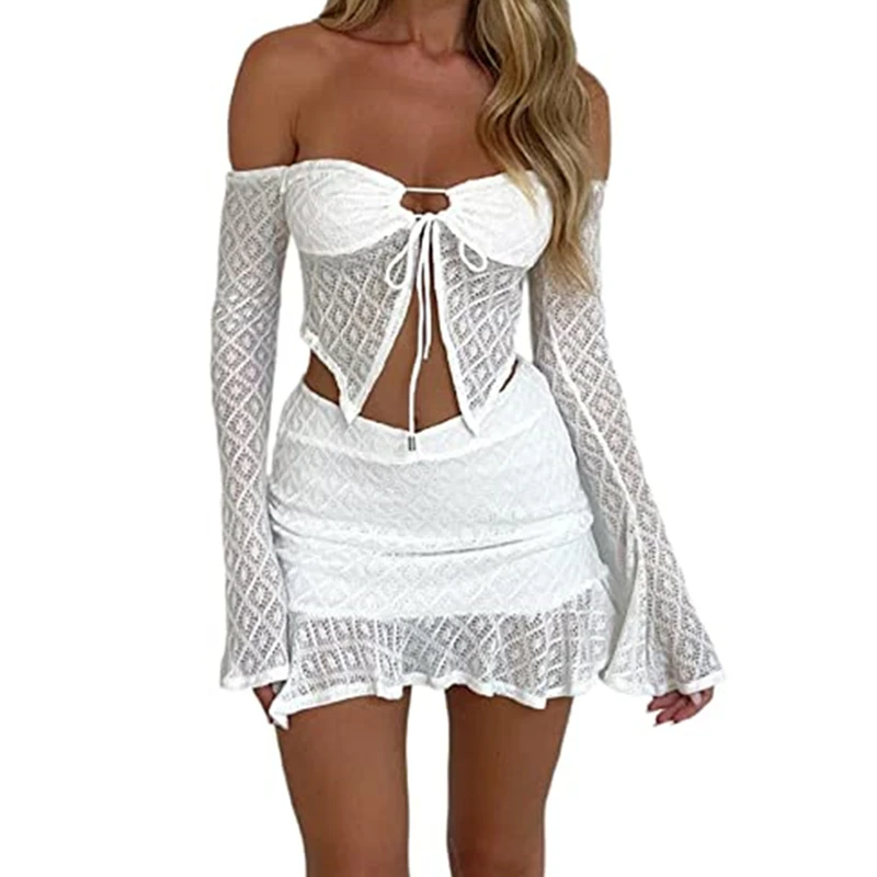 

2 Piece Outfit y2k Clothes Women Off Shoulder Tie Up Flared Long Sleeve Crop Top and Elastic Waist Mini Skirt 2000s Clothing Set