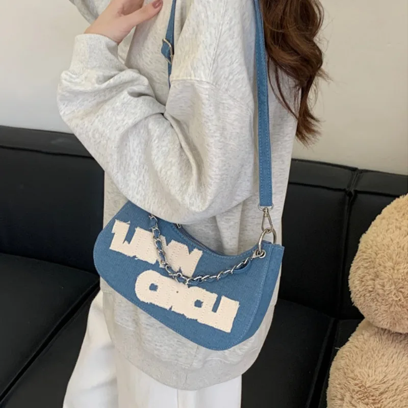 

Vintage Denim Shoulder Bag for Women Fashion Chain Small Tote Hobos Underarm Bags Letter Design Female Cool Girls Messenger Bag