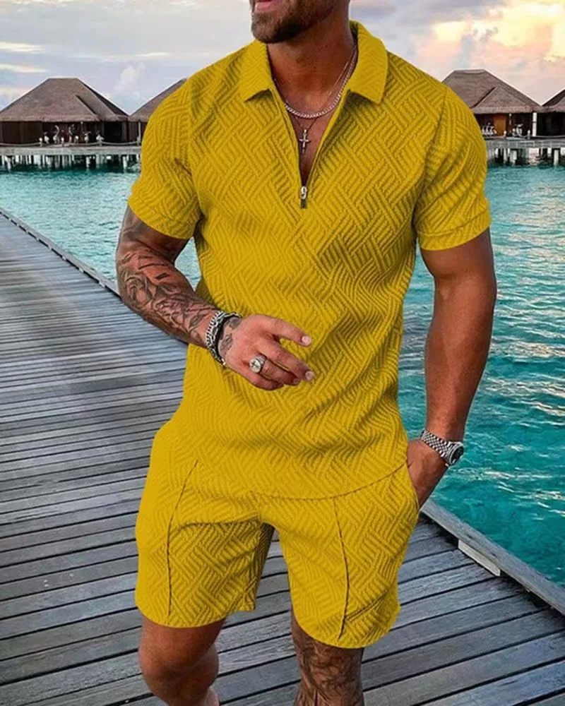 Men's Polo Suit Fashion Men Sets Mens Solid Color Summer V-neck Zipper Short Sleeve POLO Shirt+Shorts Two Pieces Men Casual Suit