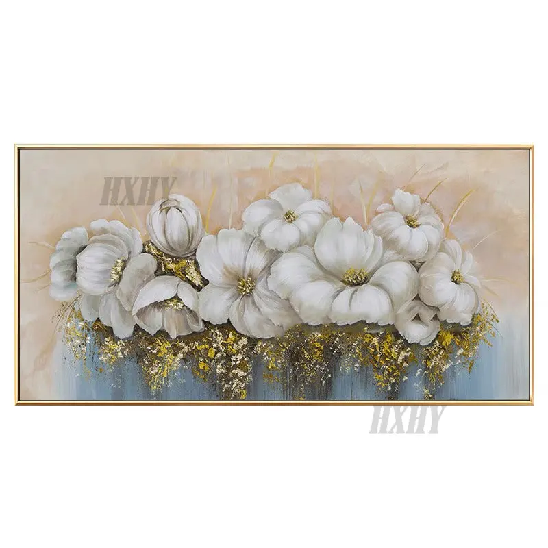 

100% ручная роспись, большой размер, Белый цветок, толстая картина, золотая фольга, Масляные картины для гостиной, украшение для дома, без рамк...