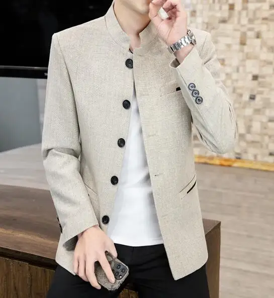 

Весенние мужские костюмы цвета хаки, мужские костюмы со стоячим воротником, однобортные, повседневные хлопковые мужские костюмы, куртка, пальто, ABE221