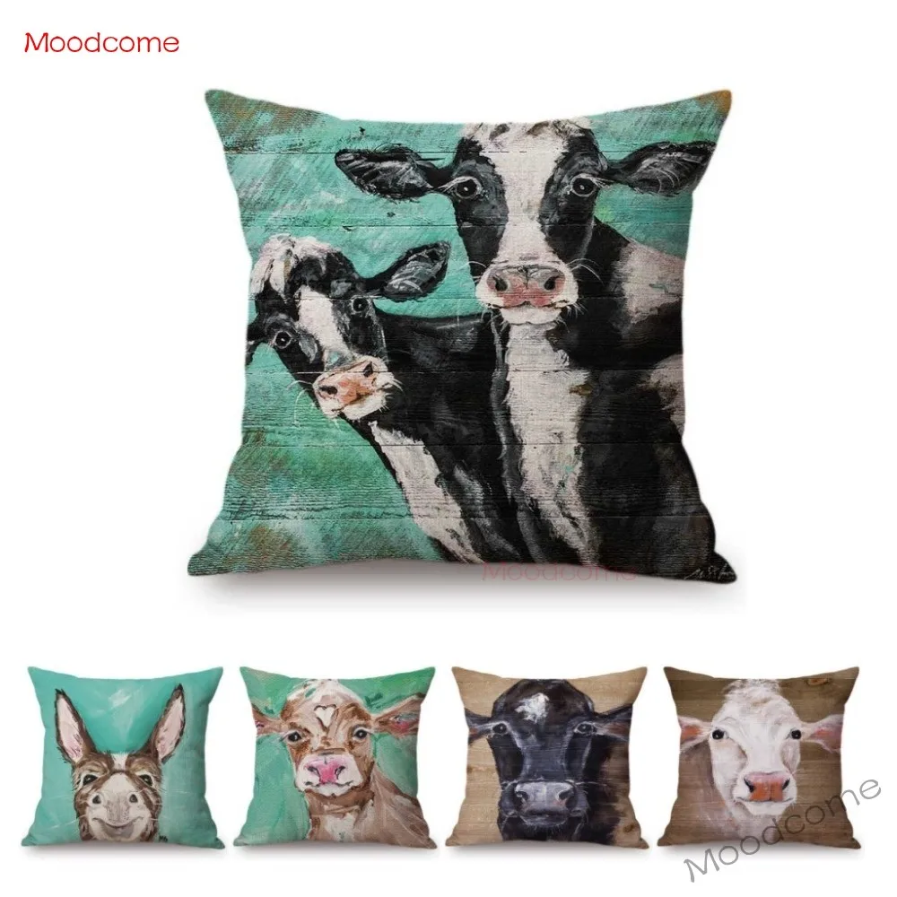 Масляная живопись животные ферма корова крупный рог Ослик диванная подушка