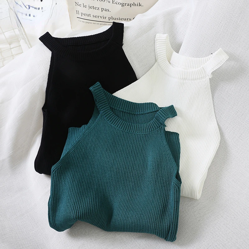 

Women Crop Tops Black Knitted Off Shoulder Tank Tops Female O-Neck Elastic Solid Elegant Tops Women 2021 Summer