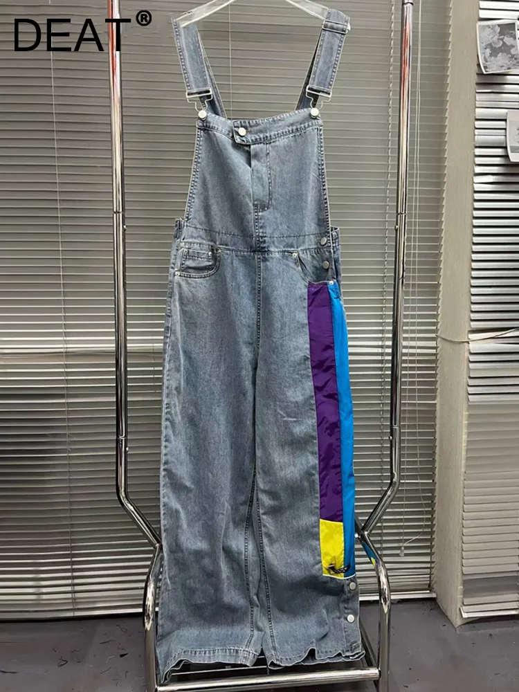 

DEAT Women Denim Jumpsuits Contrast Color Sleeveless High Waist Patchwork Button Loose Long Pants 2023 Summer New Fashion 29L286