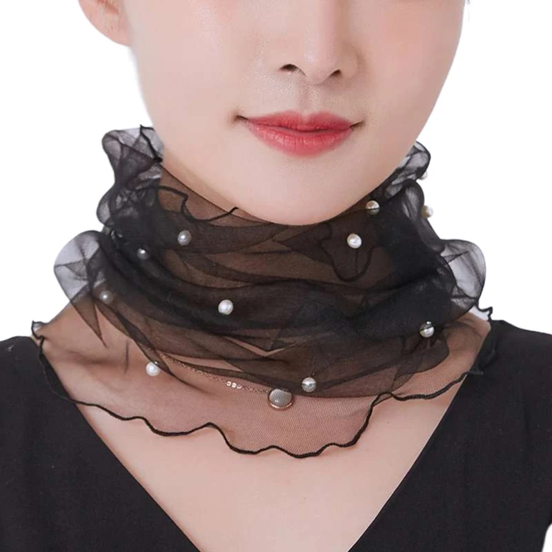 

1Pc Transparent Collar Scarf With Fake Pearl Mesh Chain For Elegant Women Girl Circle Scarf Autumn Clothing Accessories