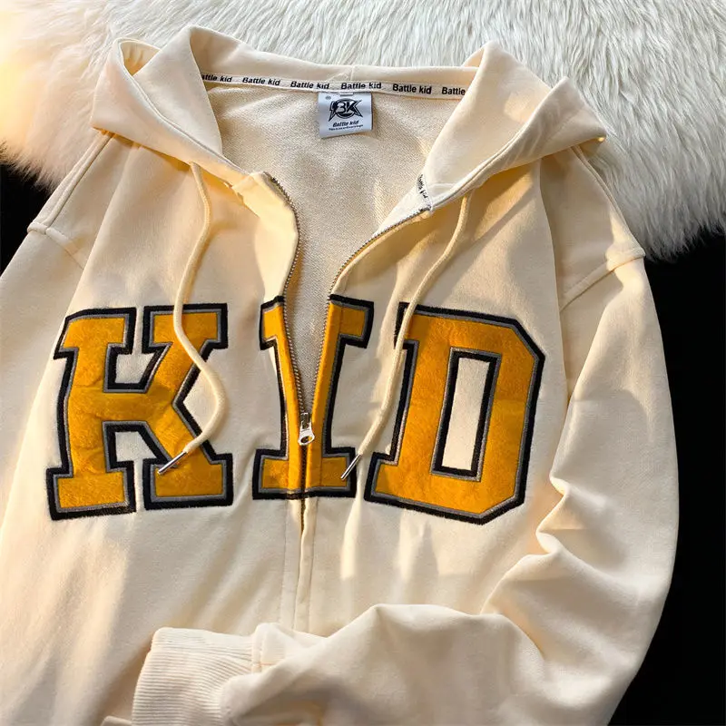 

2022 New Autumn Winter Zip Up Hoodie Women Couples Apricot Loose Casual Sweatshirt Coats Long Sleeve Tops Goth Fashion Harajuku