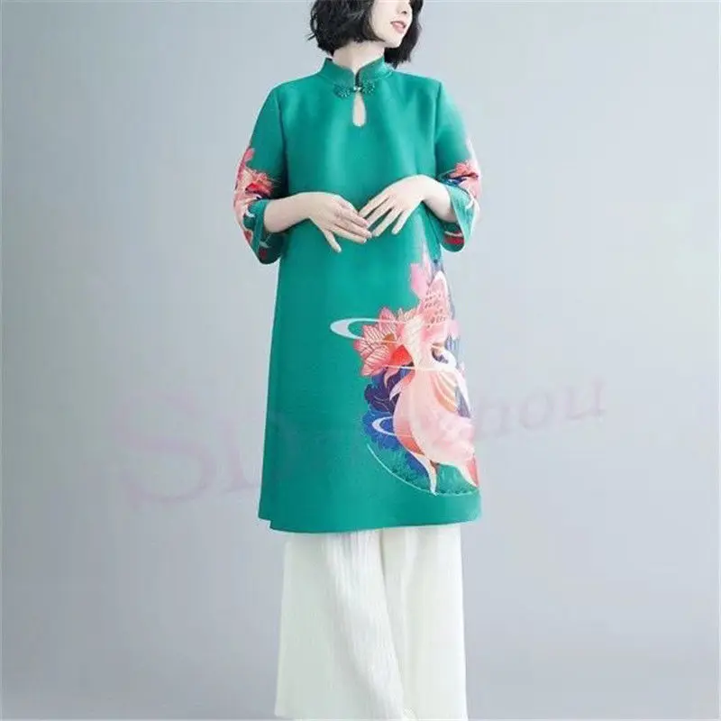 

Spring foreign gas loose collar long marriage printing dress 2022 new retro buckle pleated elegant half sleeve o neck dress