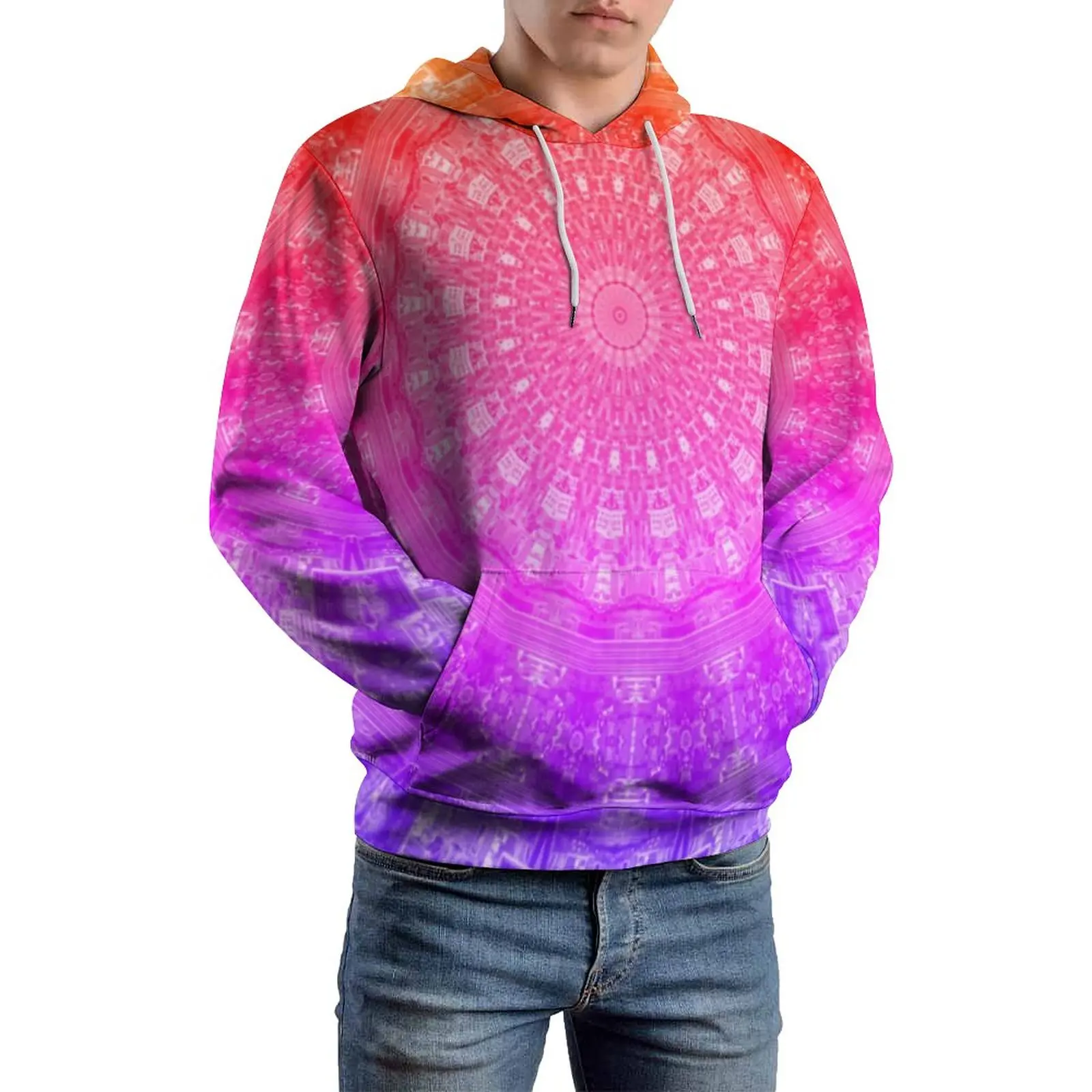 

Rainbow Mandala Casual Hoodies Male Ombre Flower Print Cute Graphic Hooded Sweatshirts Long Sleeve Street Style Oversized Hoodie