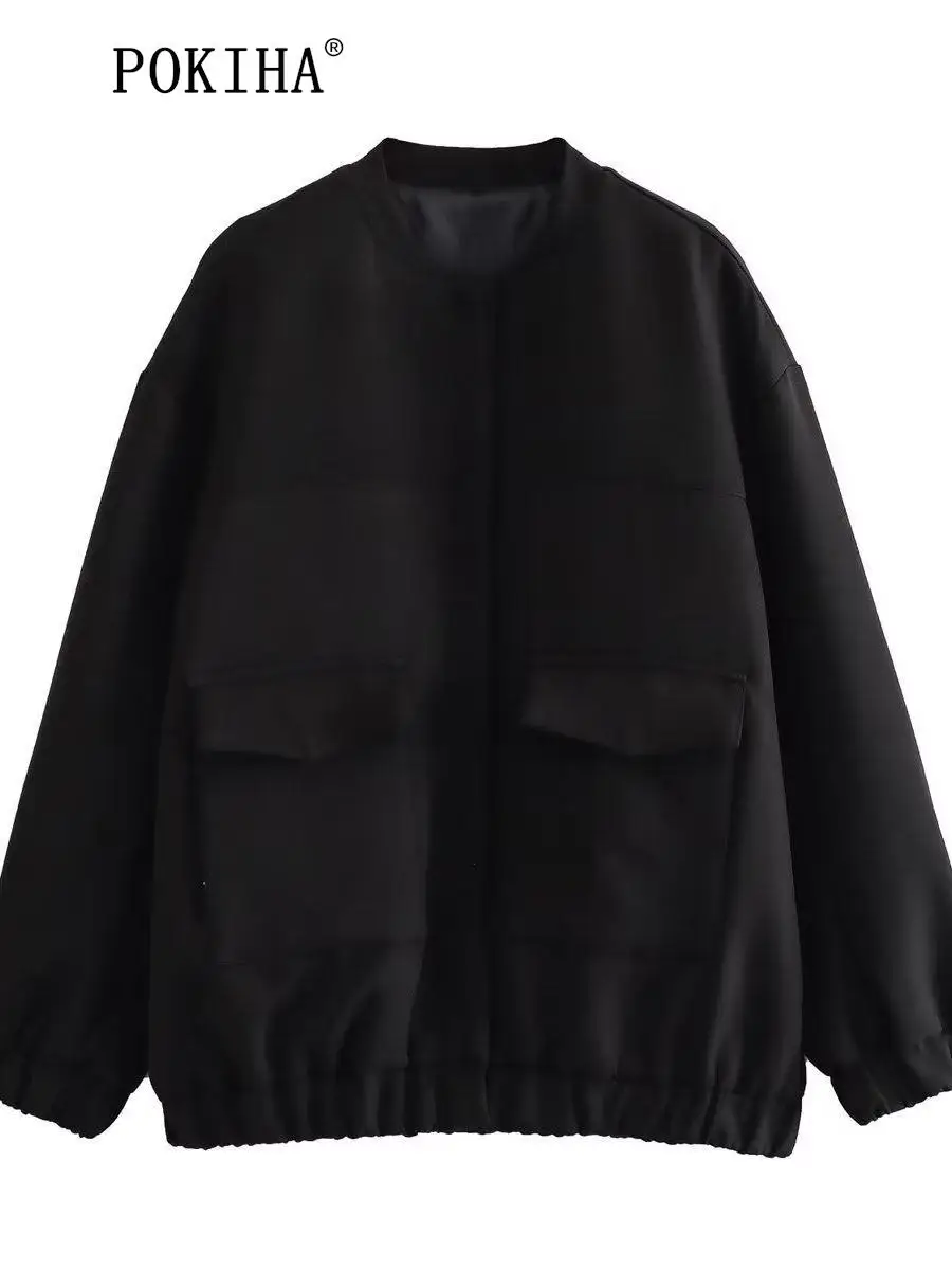 

Pokiha 2023 Women Fashion Black Stand Collar Pocket Patch Loose Jacket Coat Long Sleeve Female Casual Outerwear Chic Coat Tops