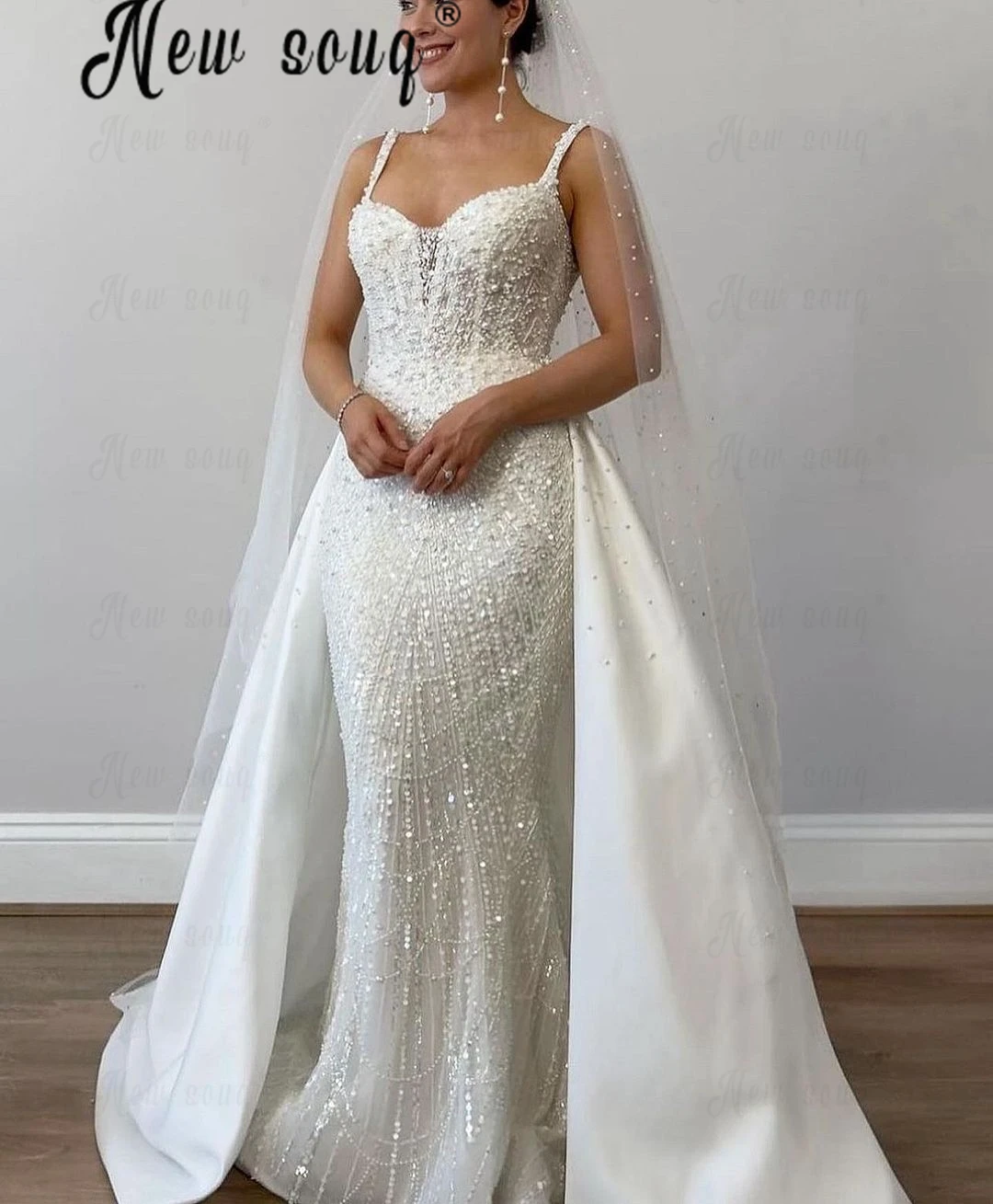 Женское свадебное платье с юбкой годе белое кружевное 2 в 1 со съемным шлейфом и