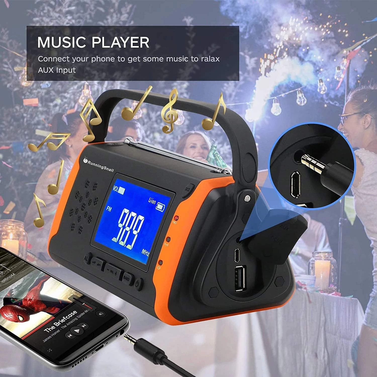 

Portable Radio Solar Powered 4000mAh Emergency NOAA Weather Crank Battery Power Bright Flashlight AUX Speaker Outdoor Survival