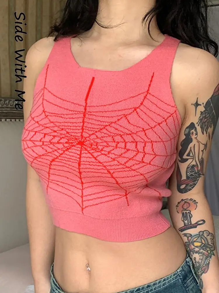 

Side with Me 2022 Summer Sleeveless Cropped Corset Print Women's Tank Top Gothic Pink O Neck Casual Party Club Women Tops