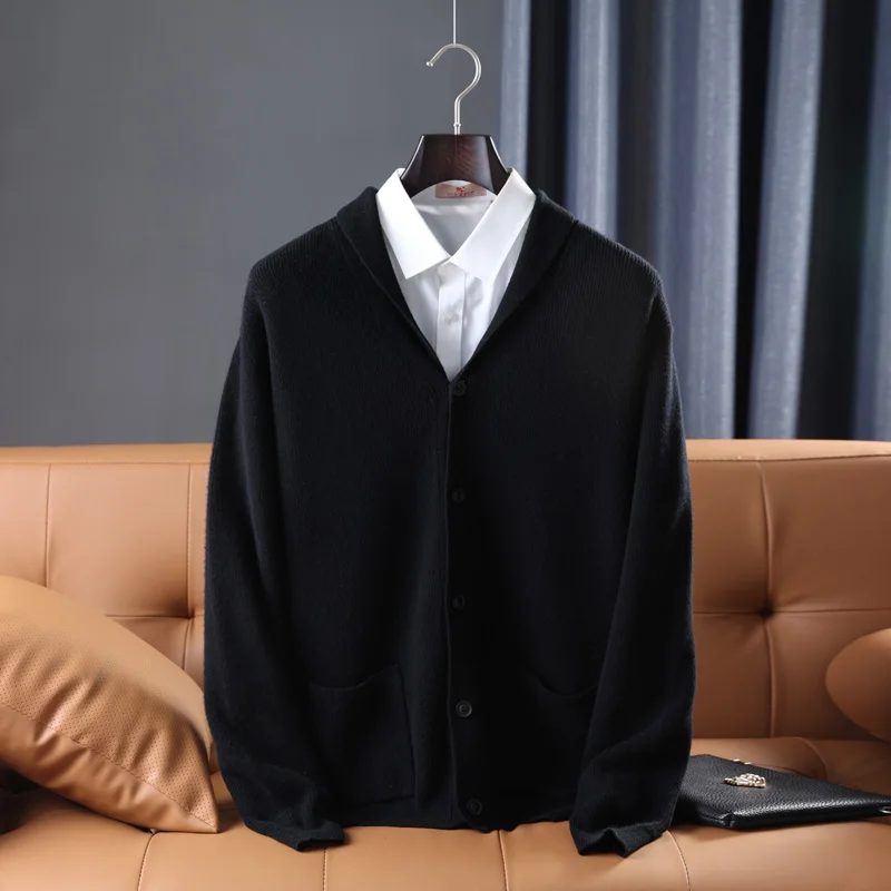 Men's V-lapel Cardigan New Thickened High-end Fashion Comfort With Pocket 100% Wool Solid Color Sweater For Autumn/Winter 2022