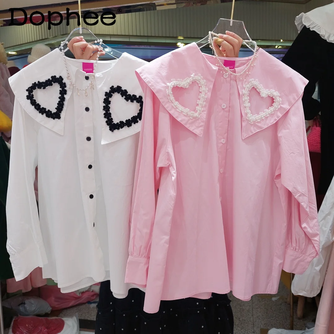 

Spring 2022 New Love Hollow Doll Collar Bottoming Shirt for Women Sweet Pink Blouse Top Office Ladies Loose Casual Blusas Mujer