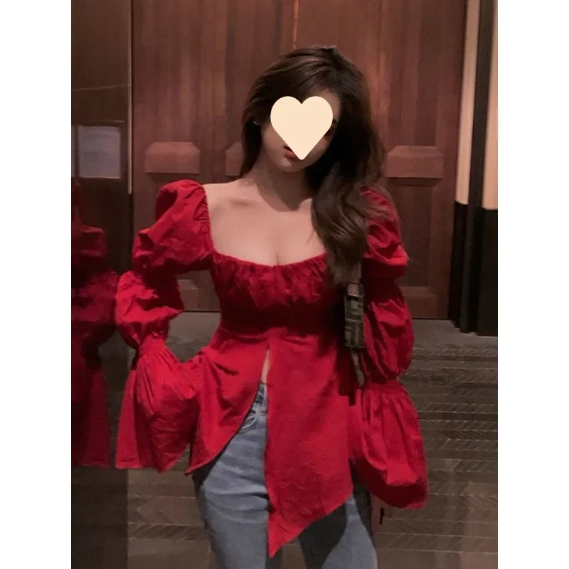 Красная сексуальная блузка в корейском стиле женская шикарная дизайнерская