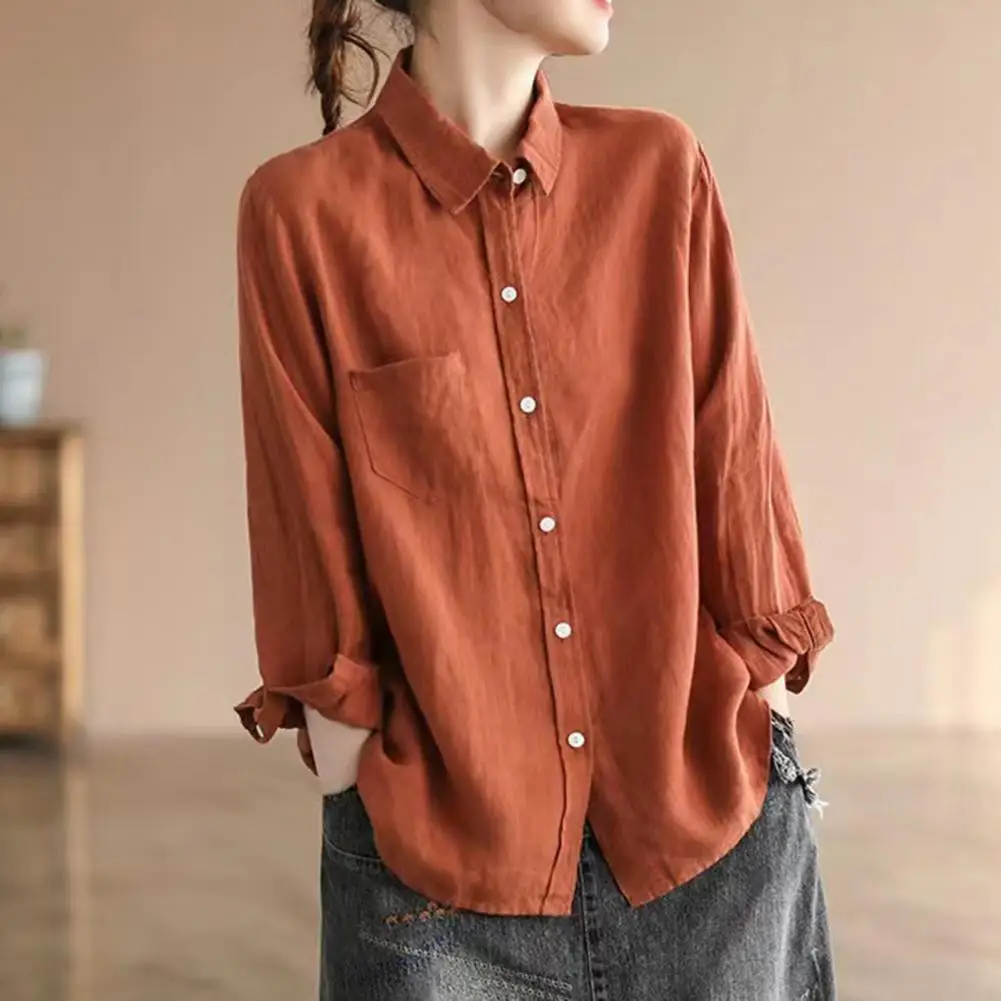 

Stylish Women Blouse Shirt Turn-down Collar All Match Front Opening Office Lady Indoor Outdoor Cotton Linen Blouse
