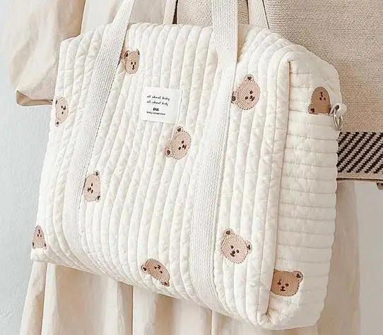 

Cute Bear Flower Embroidery Pattern Baby Beige Cotton Fabric Zipper Diaper Handbag Luggage Bag Maternity Packages Diaper Bag