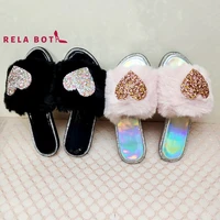 fluffy slippers heart shaped sequins glass soft soles casual home ladies slippers round head edged diamonds comfortable slippers