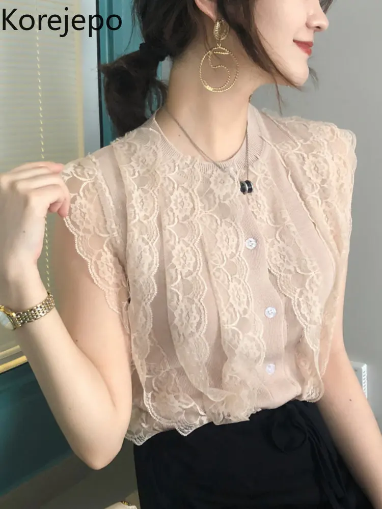 

Корейская летняя жилетка для девушек, Женский шикарный облегающий однобортный трикотажный топ без рукавов с кружевом и разрезом, 2022