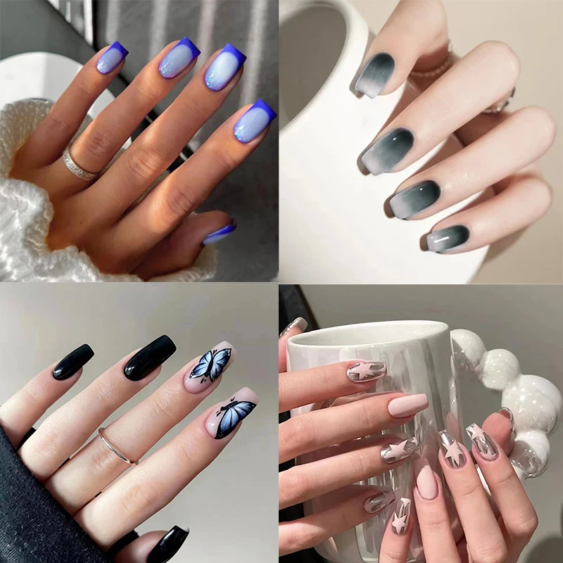 

24PCS Medium French Fake Nails Blue Butterfly Press on Nail Stiletto Coffin False Nails Star Stick on Nails for Women Girls